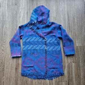 Roxy Women's Blue Southwestern Fringe Hooded Open Front Wool Blend Cardigan Sz M
